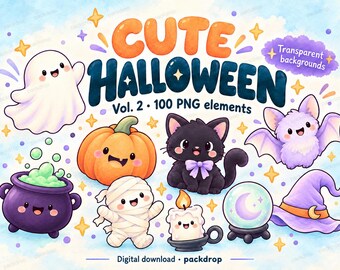 Paquete de imágenes prediseñadas de Halloween en tonos pastel: 100 elementos PNG transparentes (descarga digital)