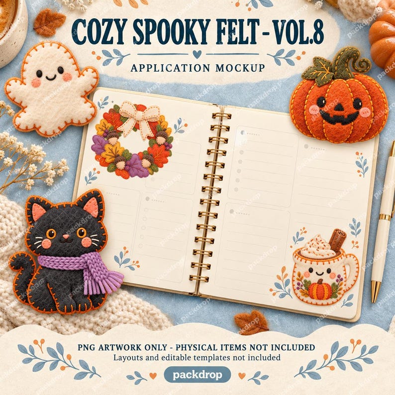 Cozy Spooky Felt Vol.8 - Planner application mockup. Application mockup. PNG artwork only; physical items and editable layouts not included.