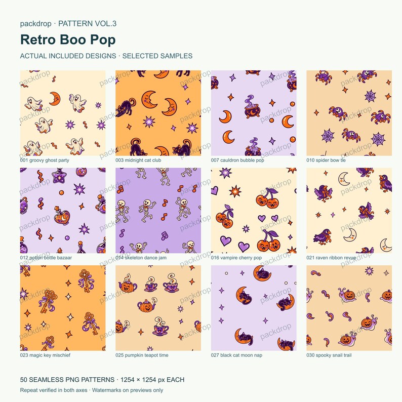 Retro Boo Pop Pattern Vol.3 - Actual PNG artwork samples 1. Watermarked preview; purchased artwork has no watermark.