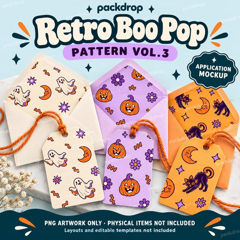 Retro Boo Pop Pattern Vol.3 - Gift tags application mockup. Application mockup. Digital-paper artwork only; physical items and editable layouts not included.
