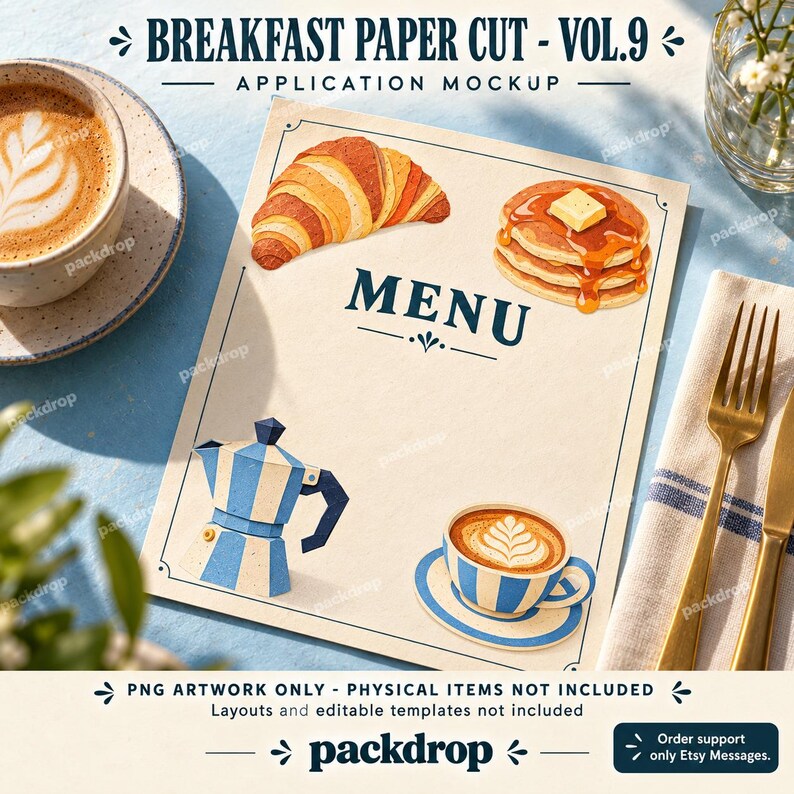 Breakfast Paper Cut Vol.9 - Cafe menu application mockup. Application mockup. PNG artwork only; physical items and editable layouts not included.