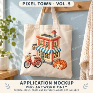 Pixel Town Vol.5 - Town tote. Application mockup. PNG artwork only; physical items and editable layouts not included.