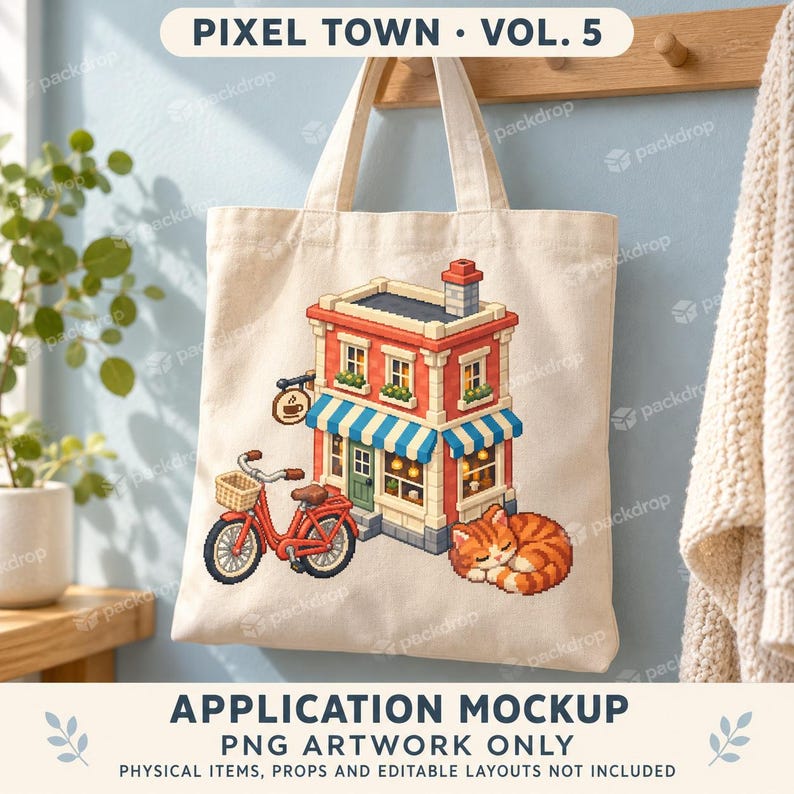 Pixel Town Vol.5 - Town tote. Application mockup. PNG artwork only; physical items and editable layouts not included.