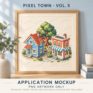 Pixel Town Vol.5 - Town art print. Application mockup. PNG artwork only; physical items and editable layouts not included.