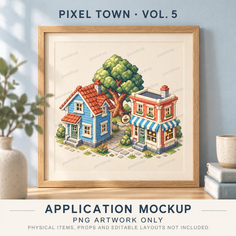 Pixel Town Vol.5 - Town art print. Application mockup. PNG artwork only; physical items and editable layouts not included.