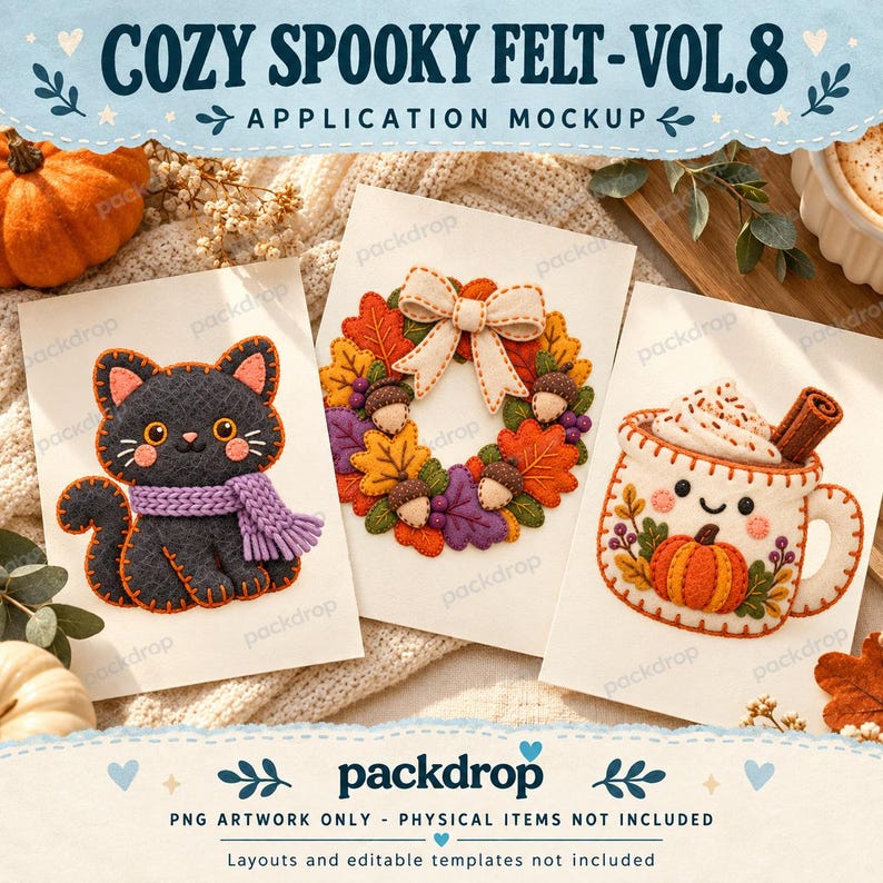 Cozy Spooky Felt Vol.8 - Postcard application mockup. Application mockup. PNG artwork only; physical items and editable layouts not included.