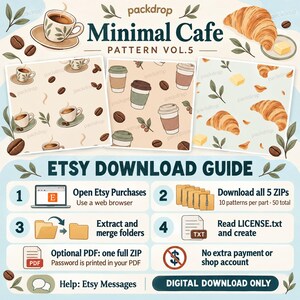 Minimal Cafe Pattern Vol.5 - Download guide. Download all five ZIP files from Etsy Purchases and merge their folders. Optional full-pack guide included. No extra payment or shop account.