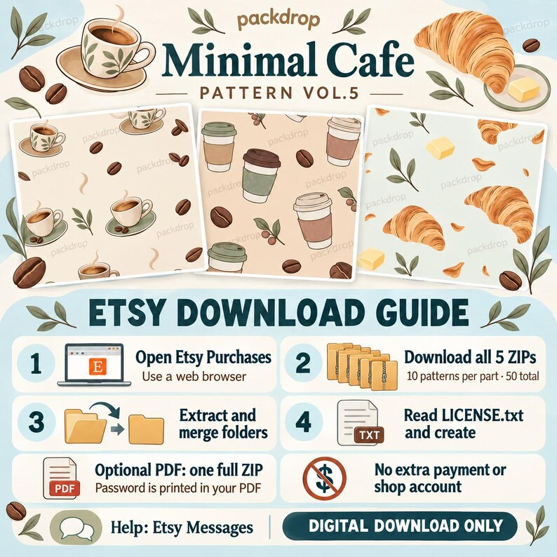 Minimal Cafe Pattern Vol.5 - Download guide. Download all five ZIP files from Etsy Purchases and merge their folders. Optional full-pack guide included. No extra payment or shop account.