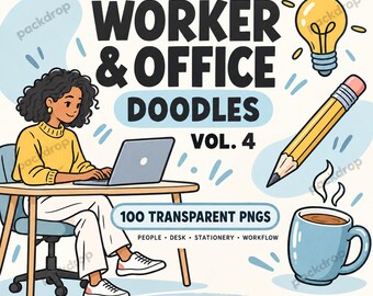 100 imágenes PNG de dibujos de oficina, personas trabajando, iconos de escritorio, gráficos de papelería (descarga digital)