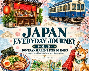 Könnte beinhalten: Eine digitale Sammlung mit dem Titel JAPAN EVERYDAY JOURNEY VOL. 10 mit 100 transparenten PNG-Designs. Das Bild zeigt einen hölzernen Essensstand, einen blau-weißen Zug, eine Schüssel Ramen, eine gefaltete Karte und einen Shiba Inu Hund mit einem roten Regenschirm.