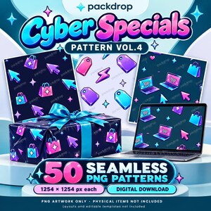 May include: A digital product display featuring the text Cyber Specials Pattern Vol. 4 and 50 Seamless PNG Patterns. The image shows a gift box and a laptop screen wrapped in a dark blue pattern with pink and blue shopping bags and cursors.