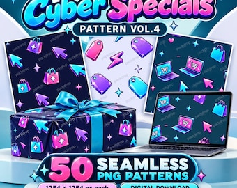 Patrones sin costuras para el Cyber ​​Monday, 50 imágenes PNG de neón para compras (descarga digital)