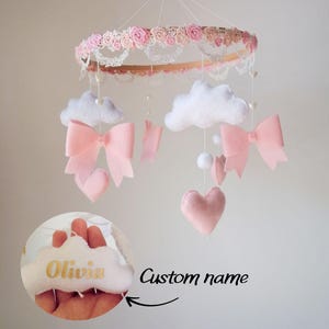 Bows Baby Girl Mobile,Custom name baby mobile,Felt Hearts Mobile Pink,Baby Shower Gift,Bows Crib Mobile,Baby Girl Nursery Decor