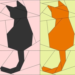 Può includere: Un motivo geometrico con due gatti stilizzati in stile vetrata. Il gatto a sinistra è nero su sfondo rosa chiaro, mentre il gatto a destra è arancione su sfondo giallo chiaro. Entrambi i gatti sono composti da forme angolari e segmentate.