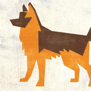 May include: A geometric illustration of a German Shepherd dog in brown and orange. The dog is shown in profile against a light background, with a textured, paper-like appearance.