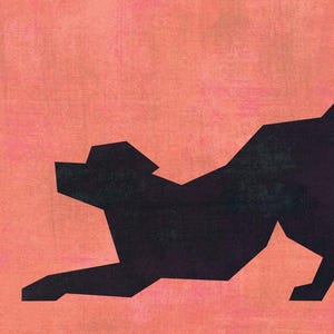 Può includere: Illustrazione geometrica di un cane nero in posizione di allungamento su uno sfondo rosa pesca strutturato. La forma del cane è creata con forme angolari, conferendogli un aspetto moderno e stilizzato. L'opera d'arte ha un'estetica semplice ma suggestiva.