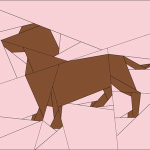 May include: A brown geometric illustration of a dog in a standing position. The dog is composed of various brown geometric shapes, set against a light pink background. The image has a modern, minimalist aesthetic.