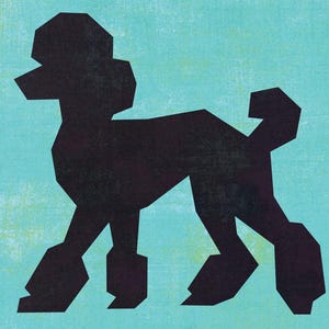 May include: A black geometric silhouette of a poodle dog against a textured teal background. The dog is depicted in a side profile, with angular shapes defining its body, head, and legs. The artwork has a vintage, slightly distressed appearance.