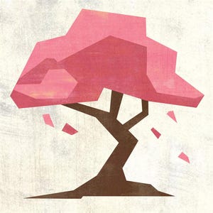 Peut inclure: Illustration géométrique d'un cerisier en fleurs. L'arbre présente un tronc et des branches bruns, avec un auvent rose angulaire. Des pétales roses tombent de l'arbre sur un fond texturé blanc cassé.