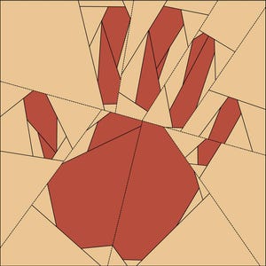 May include: A geometric pattern featuring a stylized hand shape composed of angular, interlocking segments. The design uses a color palette of deep red for the hand and light beige for the surrounding background, defined by thin black dashed lines.