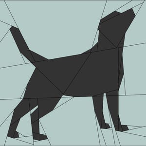 Peut inclure: Illustration géométrique d'un chien noir sur fond bleu clair. Le chien est composé de formes gris foncé, créant un design moderne et abstrait. Le chien est représenté debout, la tête levée.