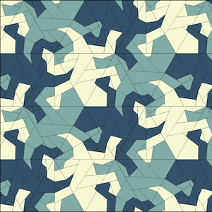 May include: Abstract geometric pattern in blues, teal, and cream. The design features tessellated shapes, creating a repeating, mosaic-like effect. The artwork is composed of angular lines and shapes, forming an intricate, visually engaging composition.