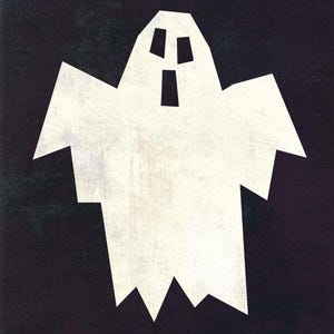 May include: A white, geometric ghost shape against a dark background. The ghost has a simple, stylized design with a rectangular mouth and three square eye holes. The edges of the ghost are jagged, giving it a textured appearance.
