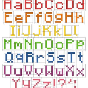 May include: A colorful alphabet chart featuring uppercase and lowercase letters, each letter is segmented and outlined in a different color. The letters are arranged in rows and columns, with each letter inside a rectangular frame.
