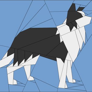 May include: Geometric illustration of a dog in black, white, and gray against a light blue background. The dog is composed of various geometric shapes, creating a modern, abstract design. The image is a flat design, with no shading or depth.
