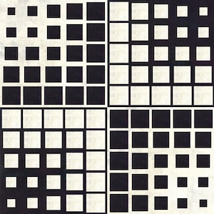Puede incluir: Obra de arte geométrica abstracta con una cuadrícula de cuadrados blancos y negros. Los cuadrados varían en tamaño y disposición, creando un patrón visual dinámico. El diseño está dividido en cuatro cuadrantes, cada uno con una configuración única.