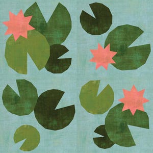 May include: A square pattern with stylized lily pads and star-shaped flowers. The lily pads are various shades of green, and the flowers are coral pink. The background is a light blue, creating a serene, nature-inspired design.