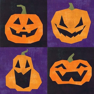 May include: Four orange jack-o'-lanterns with black cut-out faces and green stems are arranged in a square grid. The background alternates between black and purple squares, creating a Halloween-themed design.