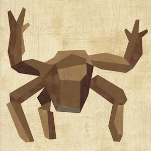 May include: A geometric illustration of a crab rendered in shades of brown. The creature is composed of angular, block-like shapes with a textured, tan-colored background. The crab features two raised pincers and six legs extending outward.
