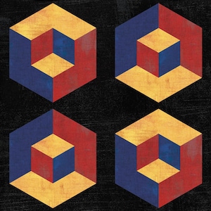 Puede incluir: Cuatro formas geométricas con un diseño de cubo 3D. Cada cubo está compuesto por secciones rojas, azules y amarillas, sobre un fondo negro. Los cubos están dispuestos en un patrón cuadrado, creando un diseño abstracto visualmente impactante.