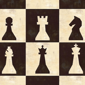 Puede incluir: Un patrón repetido de piezas de ajedrez en blanco y negro. Las piezas incluyen un peón, una torre, un caballo, un alfil, una reina y un rey. El fondo tiene una apariencia texturizada y envejecida, con un diseño de tablero de ajedrez.