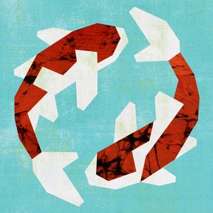 May include: Geometric illustration of two koi fish in a circular arrangement. The fish are primarily red with white accents, set against a light blue textured background. The design has a modern, artistic aesthetic.