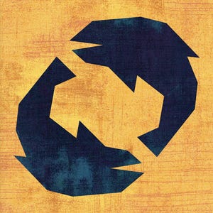 May include: A square graphic print featuring two dark blue, angular, fish-like shapes arranged in a circular, interlocking pattern against a textured, golden-yellow background. The shapes have sharp, geometric edges and a distressed finish.