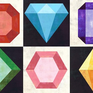 May include: A collection of six geometric gemstone illustrations. The gemstones are in various shapes and colors, including red, blue, purple, green, pink, and yellow. Each gem is set against a black or off-white background.