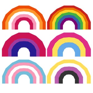 May include: Six colorful rainbow designs, each with a unique color scheme. The rainbows feature shades of orange, pink, red, yellow, green, blue, and purple, representing various pride flags. The designs are set against a white background.