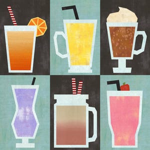 May include: A grid of six stylised beverage illustrations featuring an orange drink with a straw and slice, a yellow drink, a brown coffee with foam, a purple cocktail, a brown drink with two straws, and a pink drink with a red garnish.