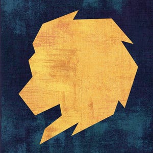May include: Geometric golden lion head silhouette on a textured navy blue background. The lion's profile is angular and stylized, with sharp edges and a textured, aged appearance. The artwork has a vintage, artistic feel.