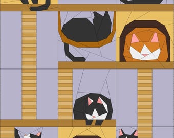 May include: A geometric illustration featuring multiple black and white cats in various poses. The cats are depicted in a stylized, angular design, set against a backdrop of light purple and tan structures, creating a playful and artistic composition.