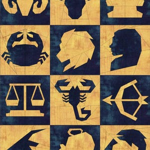 Peut inclure: Une courtepointe carrée représentant les douze signes du zodiaque. Chaque symbole, de couleur bleu foncé, est placé sur un fond jaune doré. La courtepointe présente le bélier, le taureau, les gémeaux, le crabe, le lion et d'autres signes astrologiques.