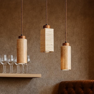 Modern Travertine and Wood Pendant Light Set – Minimalist Ceiling Lighting for Dining Room, Kitchen Island or Living Room Décor
