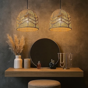 Rattan Pendant Light, Wabi Sabi Hanging Lamp, Modern Bamboo Ceiling Fixture, Minimalist Home Decor