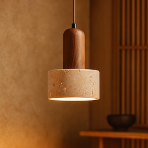 Modern Concrete Pendant Light – Wood & Stone Lamp – Minimalist Hanging Light Fixture
