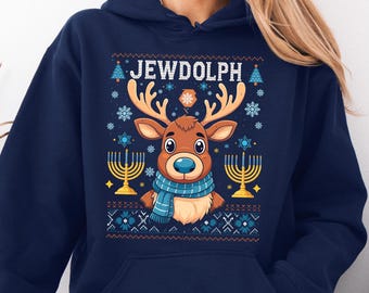 Jewdolph Hanukah Hoodie, Reindeer Hanukkah Hoodie, Jewish Holiday Gift, Chanukah Hoodie, Jewish Christmas Hoodie, Jewish Religious Hoodie