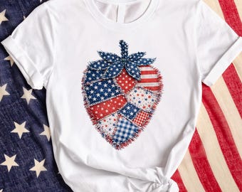 American Strawberry Shirt, 4th of July Patchwork Tee, USA Flag Fruit T-shirt, Red White Blue Berry Top, Patriotic Summer Shirt, Women's Tee