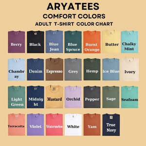 May include: A color chart for Aryatees Comfort Colors adult t-shirts, displaying twenty-seven square swatches of various fabric colors including berry, black, blue jean, blue spruce, burnt orange, butter, chalky mint, chambray, denim, espresso, grey, hemp, ice blue, ivory, light green, midnight, mustard, orchid, pepper, sage, seafoam, terracotta, violet, watermelon, white, yam, and true navy.