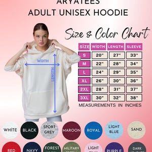 May include: Cream adult unisex hoodie with a front pocket, shown with a size and colour chart. The chart lists measurements in inches, with colours including white, black, and navy.